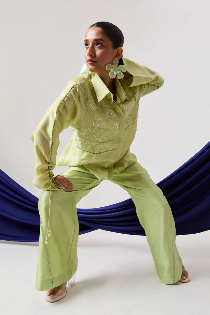 Pistacio green lace detailing Shirt set