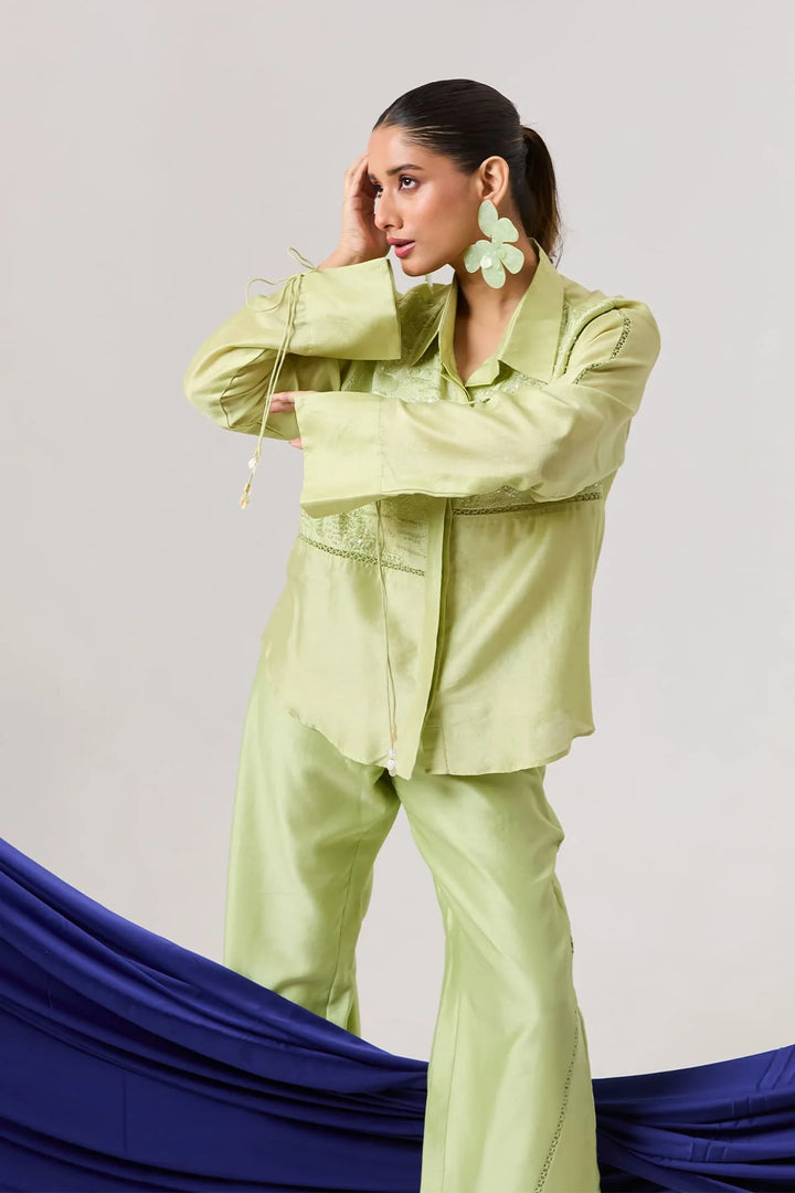 Pistacio green lace detailing Shirt set