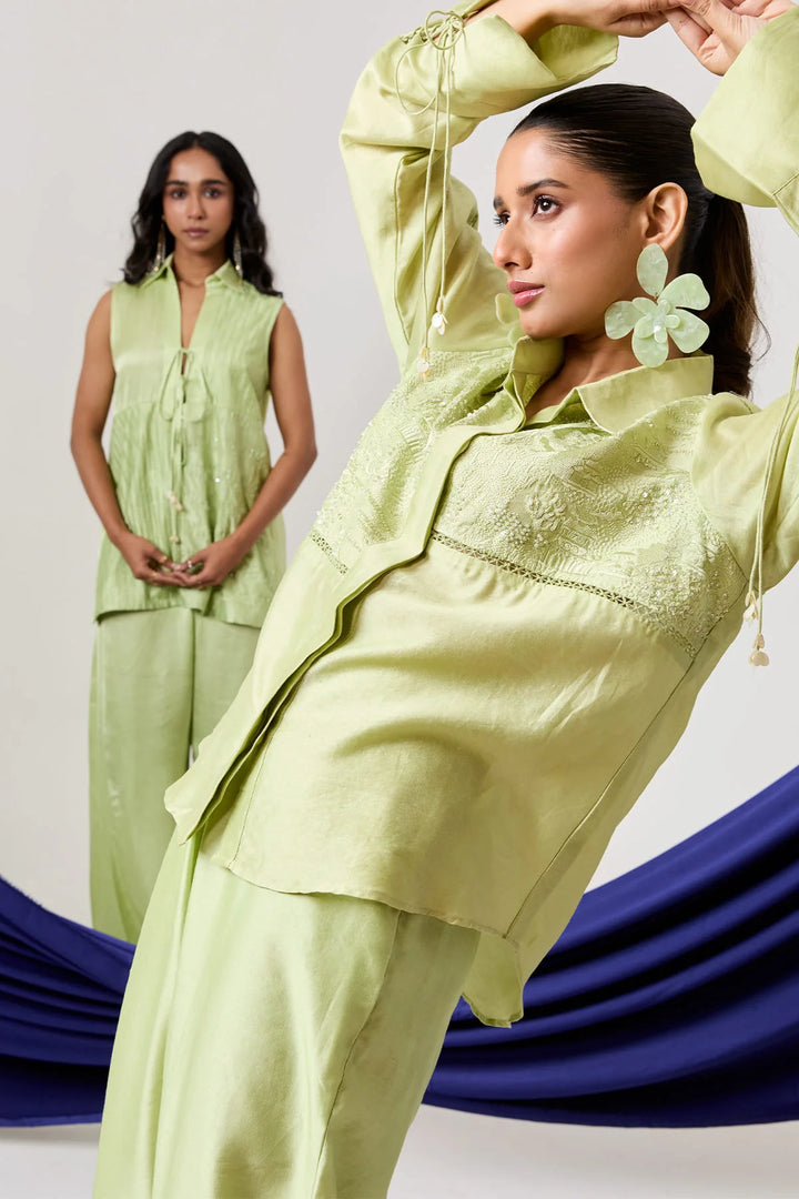 Pistacio green lace detailing Shirt set