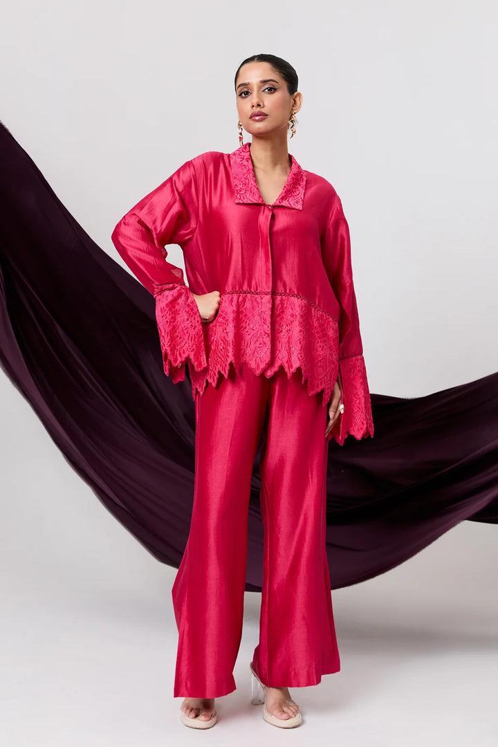 Crimson co-ord set with lace detail