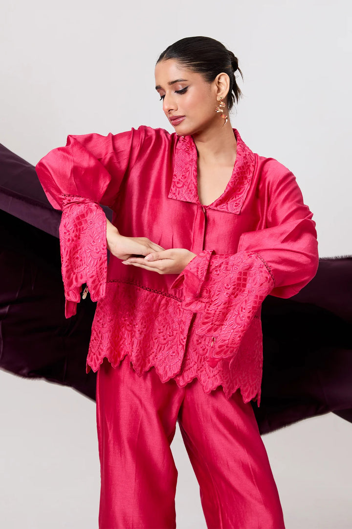 Crimson co-ord set with lace detail