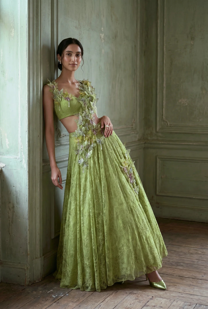 Dessert Lime Lace Draped Lehenga Set