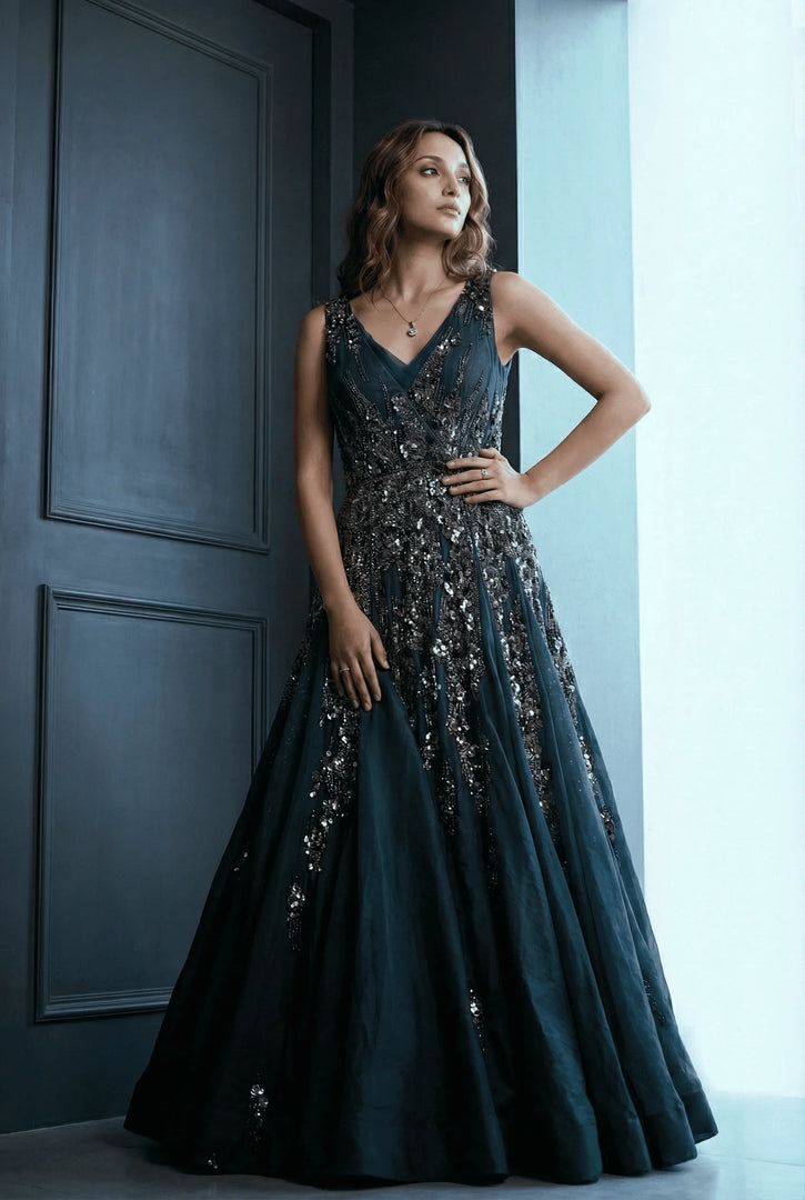 Box Pleat Mid-night Blue Evening Gown