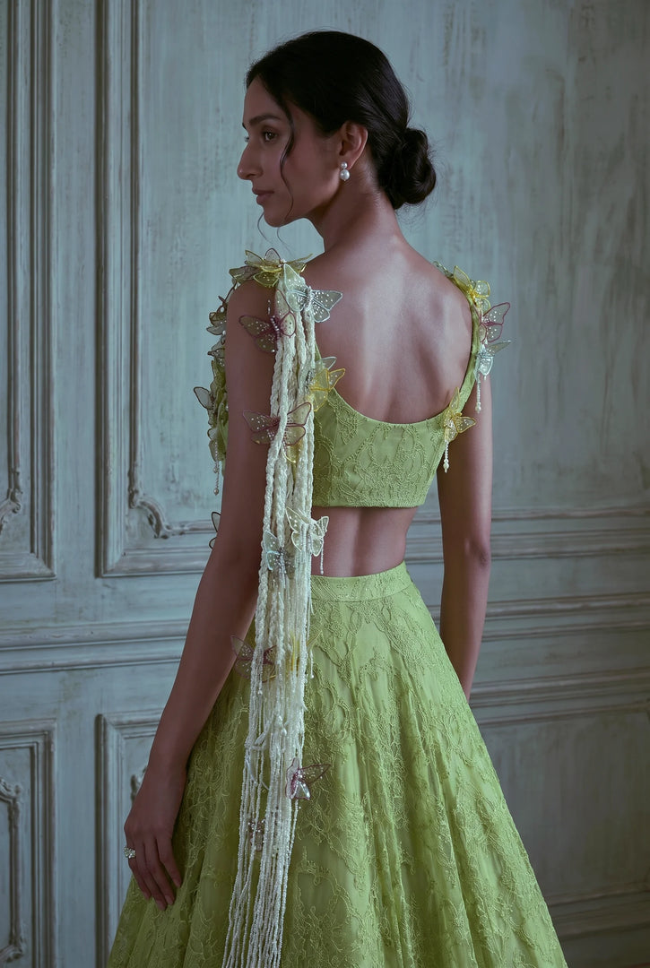 Dessert Lime Lace Draped Lehenga Set