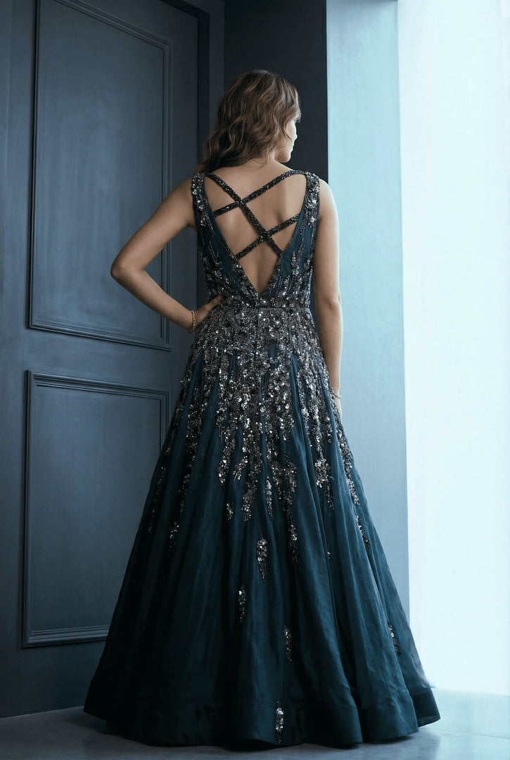 Box Pleat Mid-night Blue Evening Gown