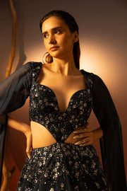 Sequin Embroidered Cape Sleeve Deep Blue Gown