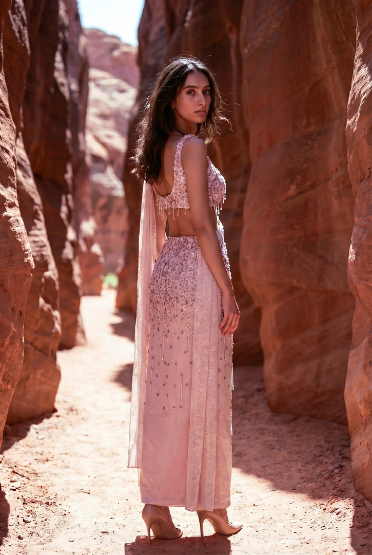 3D embroidered blouse with skirt and drape