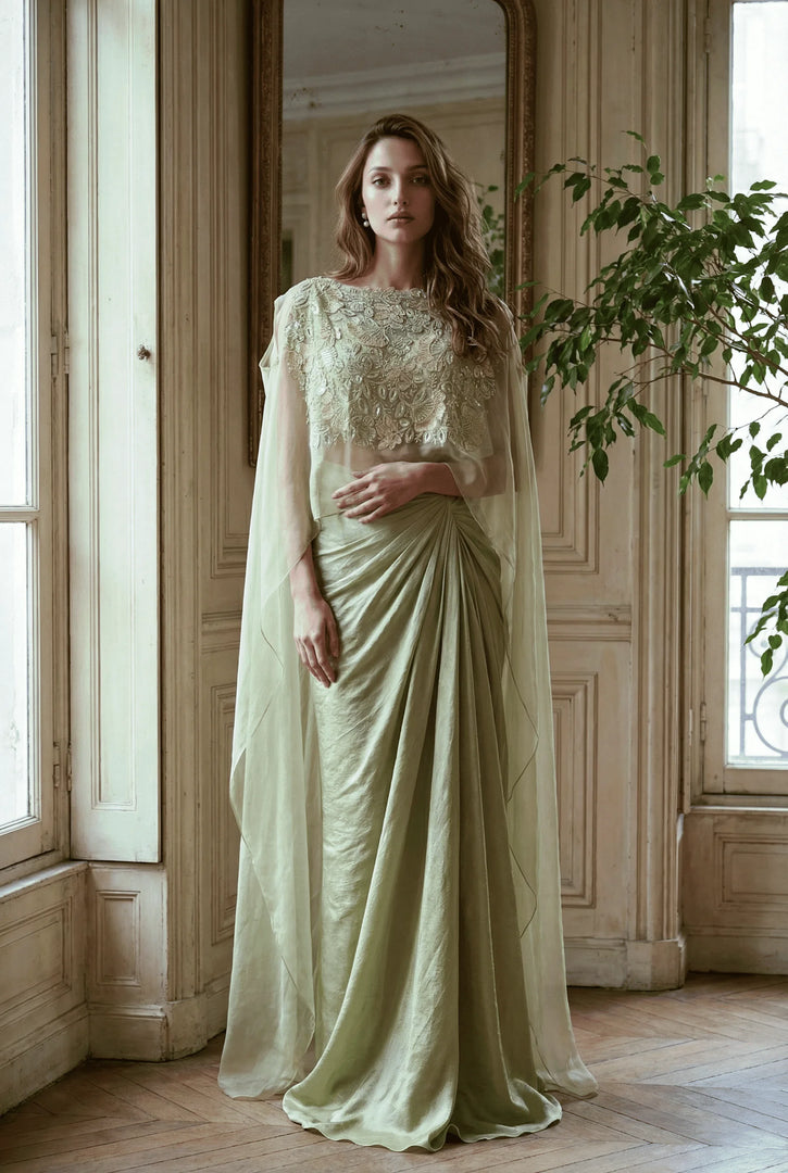 Mint Green Mermaid Draped Skirt Set