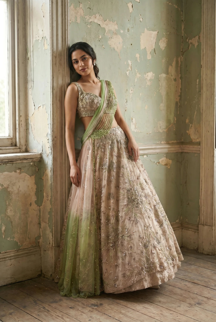 Champagne Organza Draped Lehenga Set