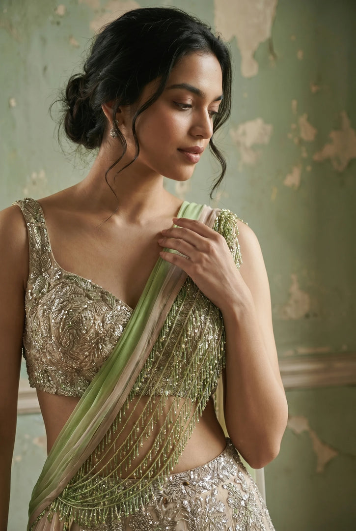 Champagne Organza Draped Lehenga Set