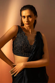 Tonal Embroidered Deep Sea Blue Drape Sare