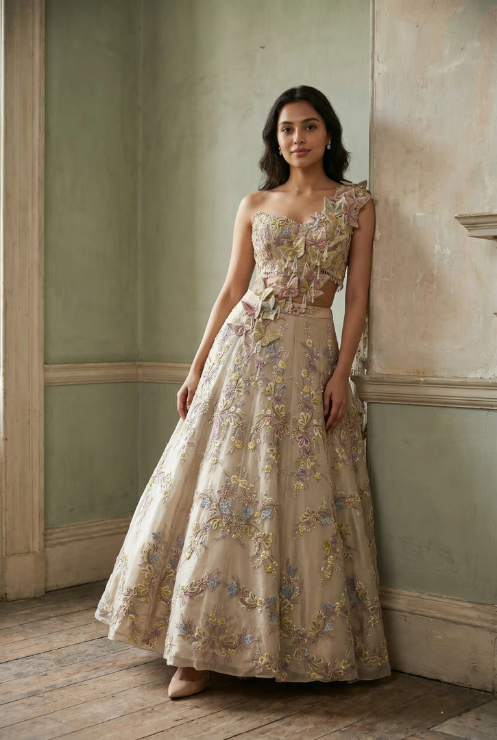 Ivory Tissue Organza Draped Lehenga Set