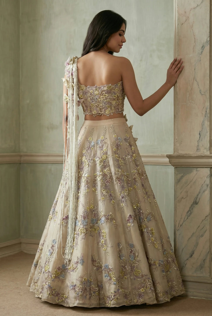 Ivory Tissue Organza Draped Lehenga Set