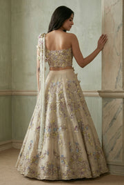 Ivory Tissue Organza Draped Lehenga Set