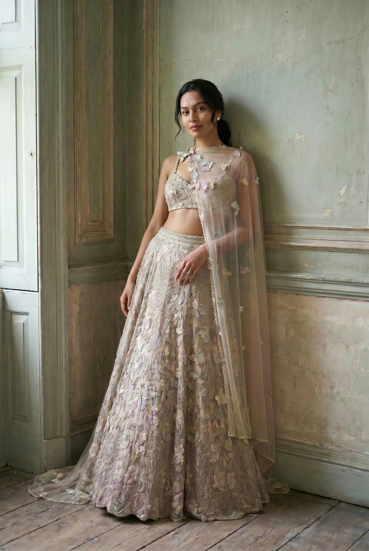 Moon Stone Grey Tissue Organza Draped Lehenga Set