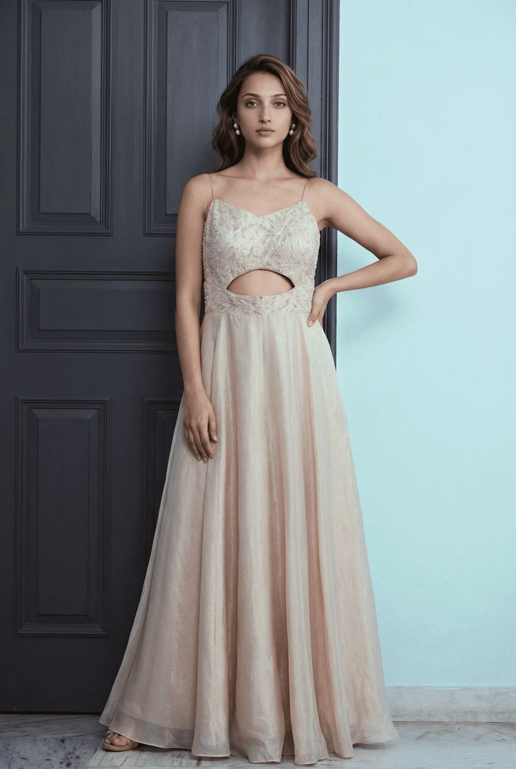 Strapped champagne flared jumpsuit