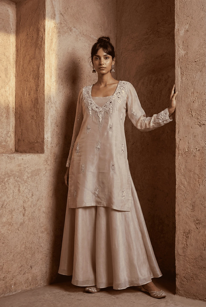 Short V-neck Kurta with a Busteir and Sharara