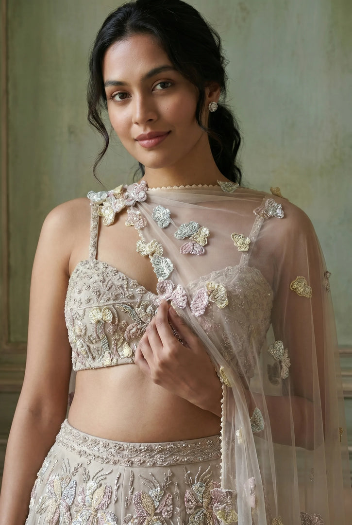Moon Stone Grey Tissue Organza Draped Lehenga Set