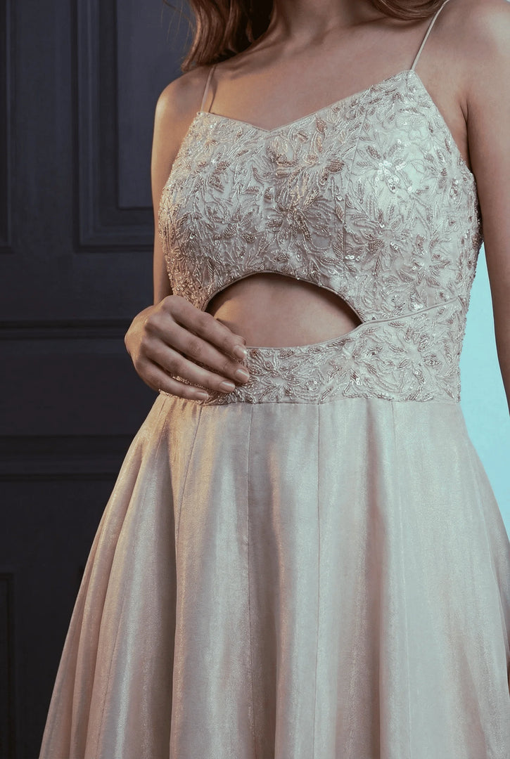 Strapped champagne flared jumpsuit