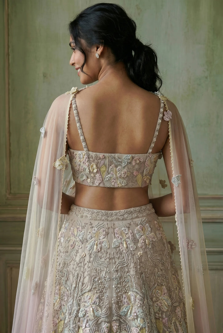 Moon Stone Grey Tissue Organza Draped Lehenga Set