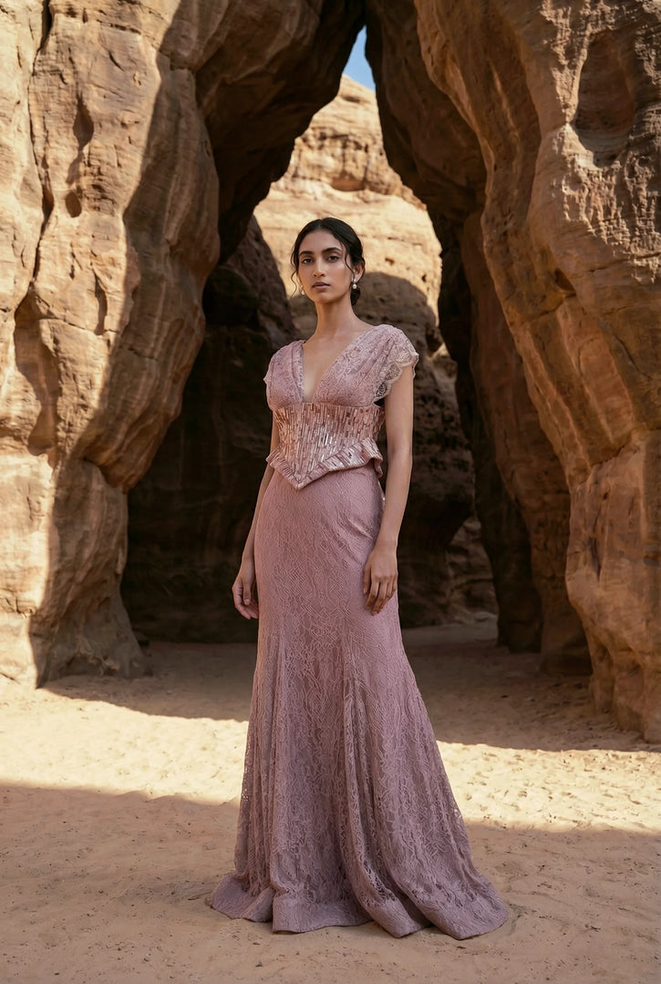 Draped corset with mermaid skirt