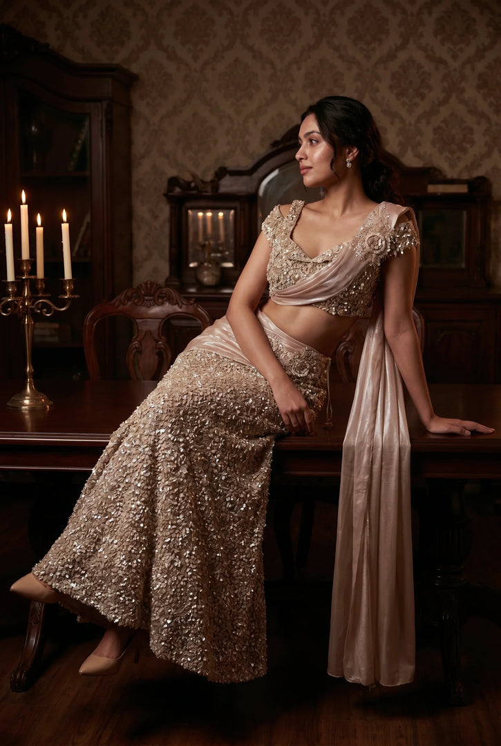 Nude Mesh & Glass Tissue Draped Lehenga Set