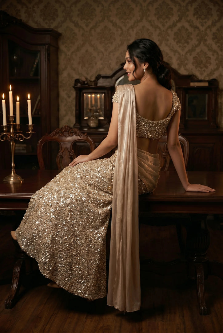 Nude Mesh & Glass Tissue Draped Lehenga Set