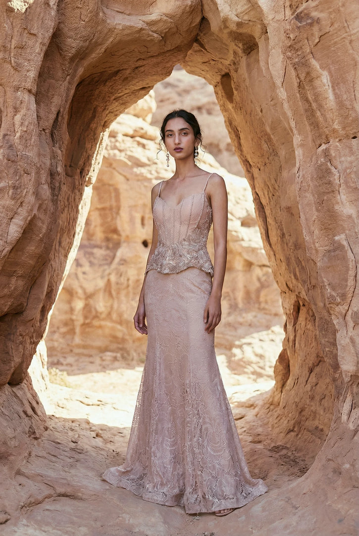 Draped corset with mermaid skirt
