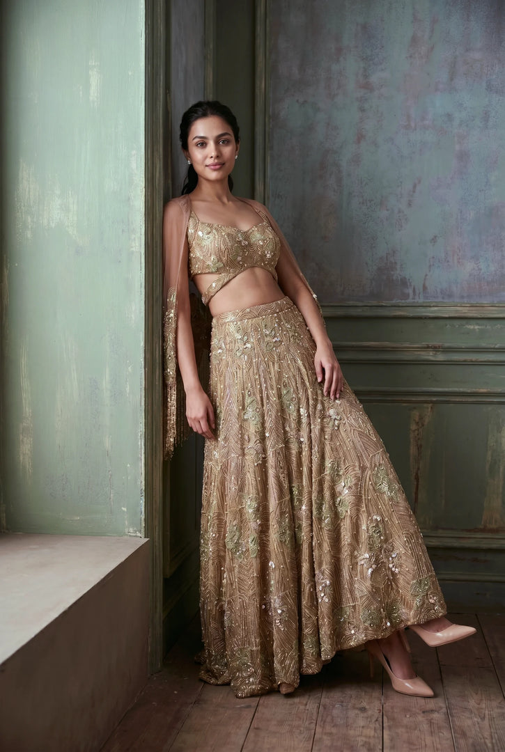 Burnt Sienna Tissue Organza Cape Lehenga Set