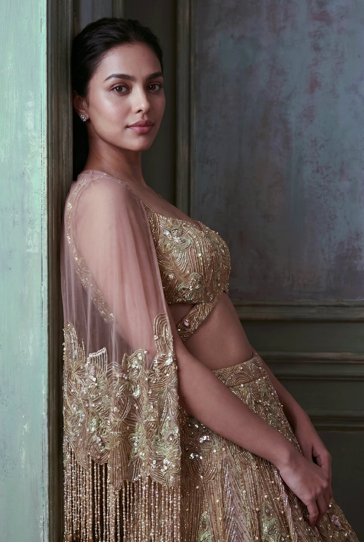 Burnt Sienna Tissue Organza Cape Lehenga Set