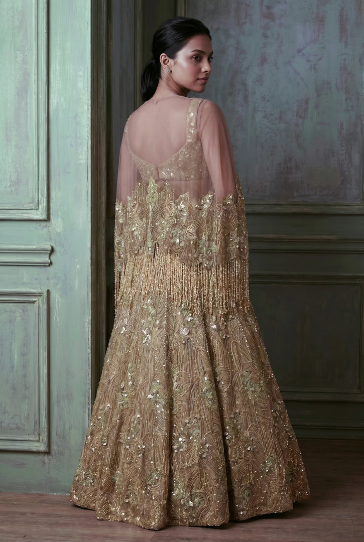 Burnt Sienna Tissue Organza Cape Lehenga Set