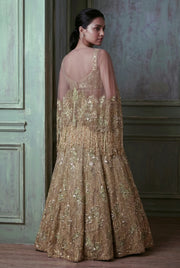 Burnt Sienna Tissue Organza Cape Lehenga Set