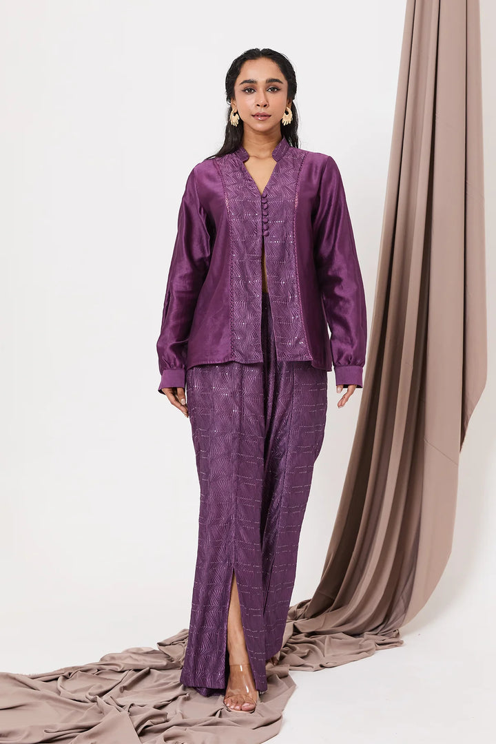 Panelled plum shirt 2 pc set