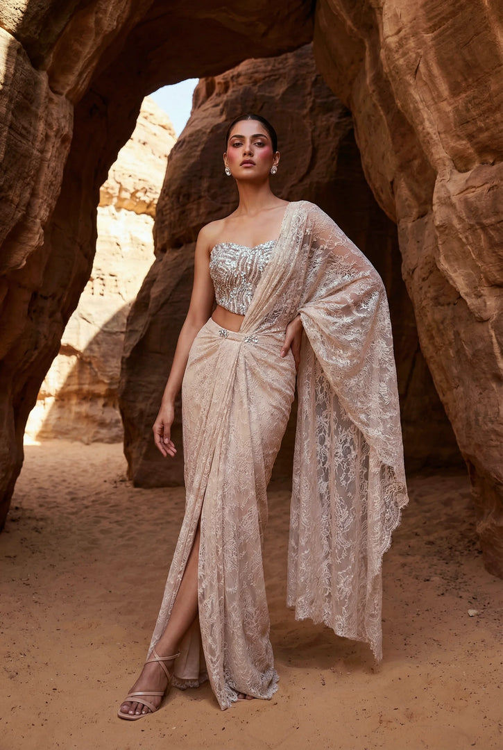 Draped saree with corset blouse