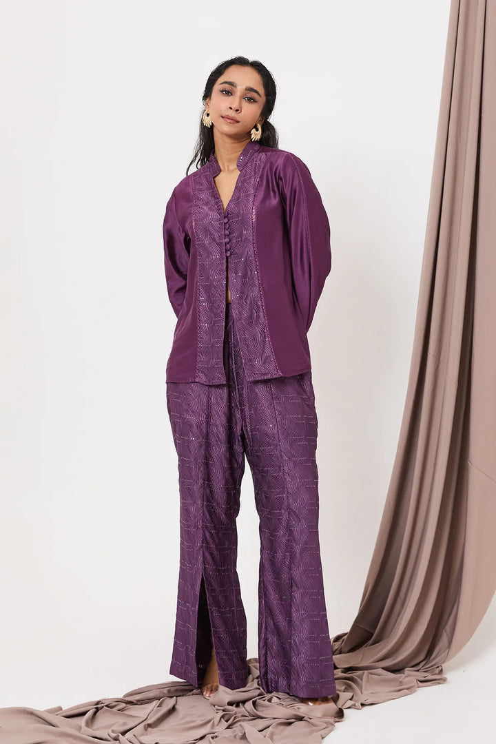 Panelled plum shirt 2 pc set