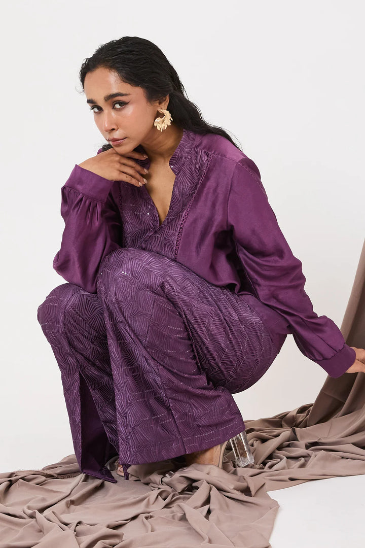 Panelled plum shirt 2 pc set