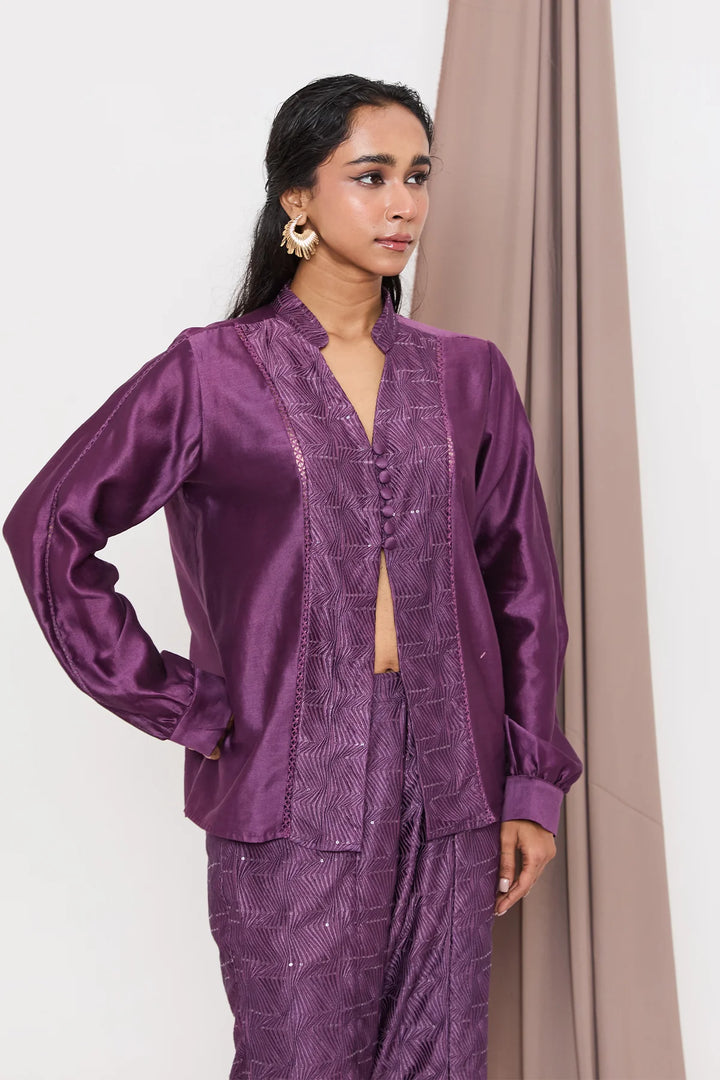 Panelled plum shirt 2 pc set