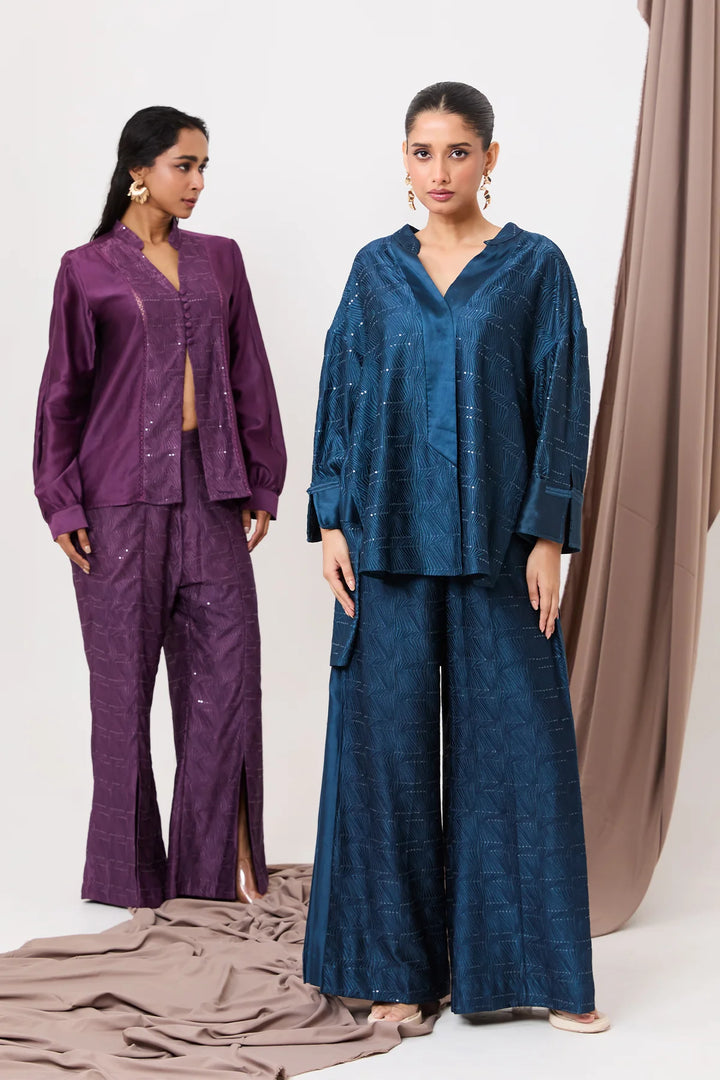 Panelled plum shirt 2 pc set