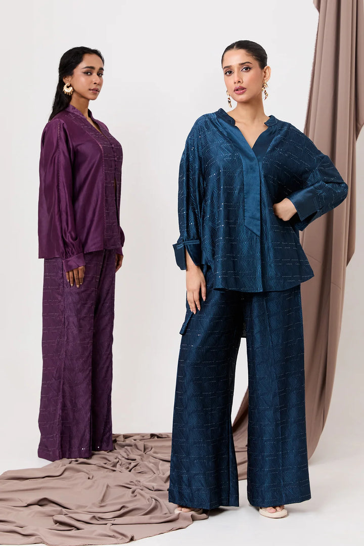 Panelled plum shirt 2 pc set