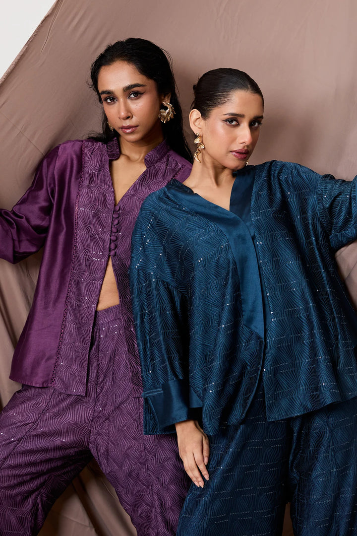 Panelled plum shirt 2 pc set