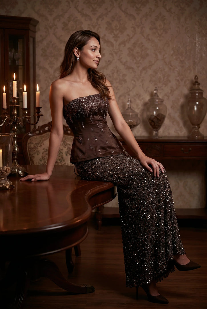 Dark Chocolate Mesh & Raw Silk Satin Mermaid Skirt with Peplum Corset Top