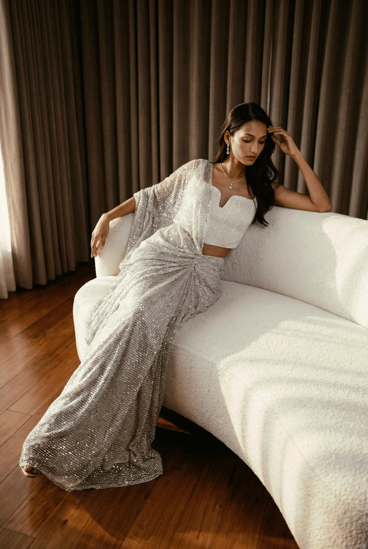 Silver Sequined Corset Draped Saree