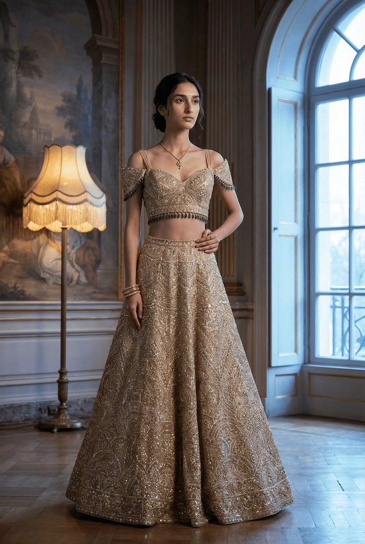 Liquid gold draped lehenga set