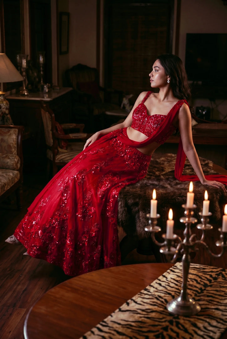 Crimson Organza Draped Lehenga Set