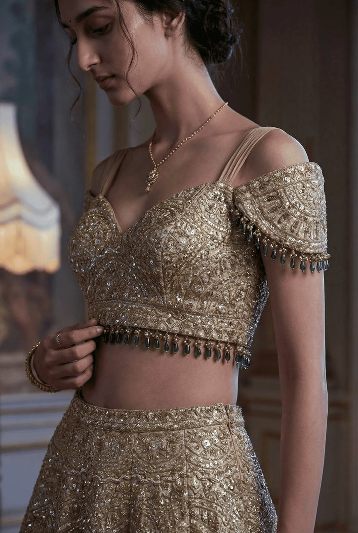 Liquid gold draped lehenga set