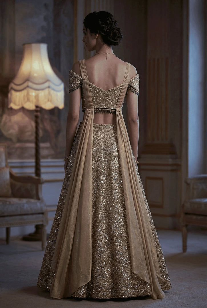 Liquid gold draped lehenga set