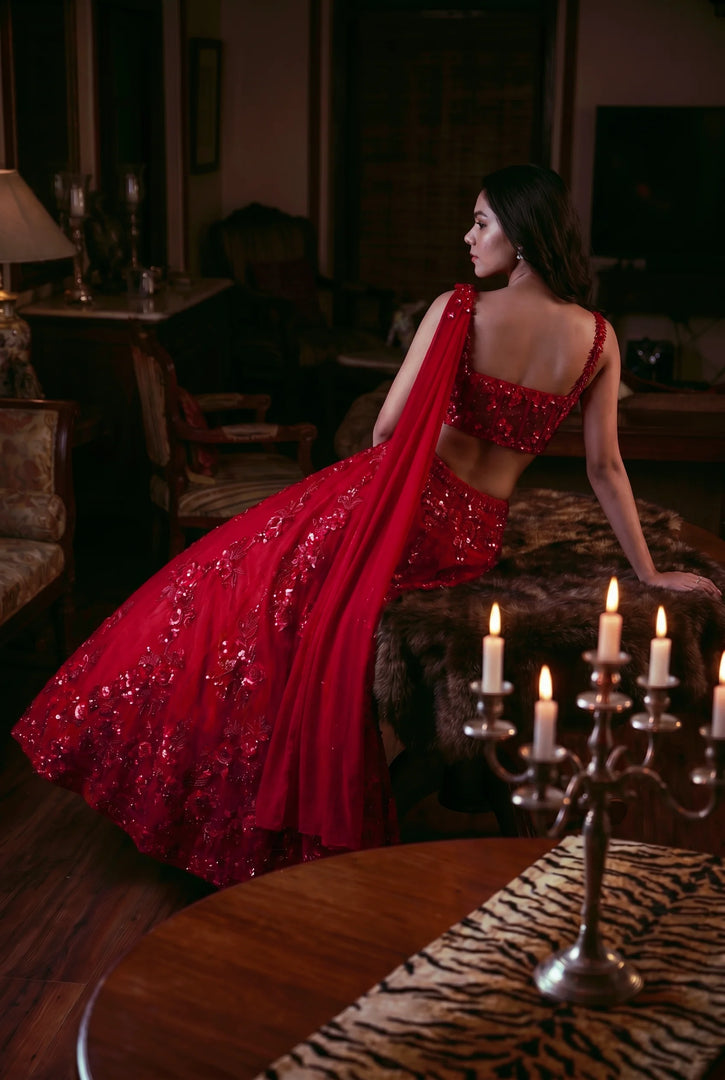 Crimson Organza Draped Lehenga Set