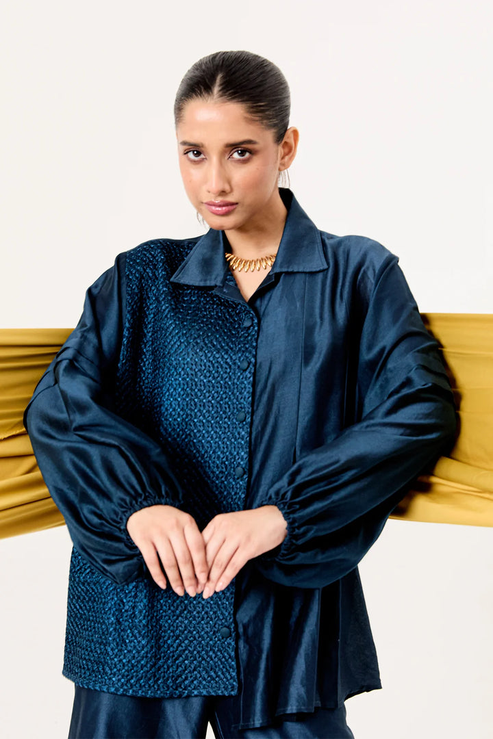 Panelled shirt with balloon sleeve shirt set