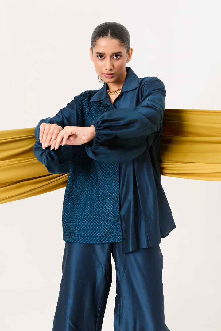 Panelled shirt with balloon sleeve shirt set
