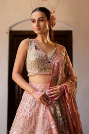 Salmon Pink & Lime Jelly Green Organza Lehenga